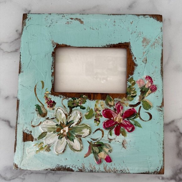 Hand-Painted Distressed Wood Picture Frame With Floral Design Turquoise & Red - Picture 1 of 6